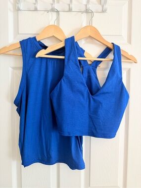 Quince Workout Top Set - cropped & high neck blue tanks